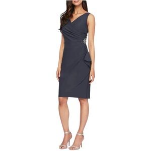 NEW ALEX EVENINGS Danielle Short Contour Dress with Ruffle Skirt & Brooch Size 6